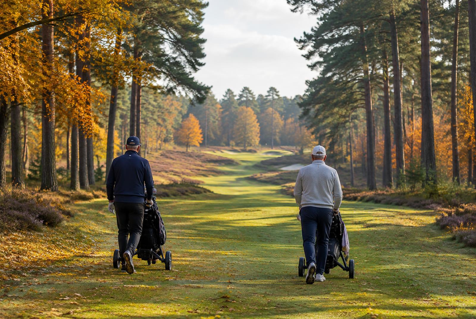 Two golfers walking a pine-lined fairway in autumn